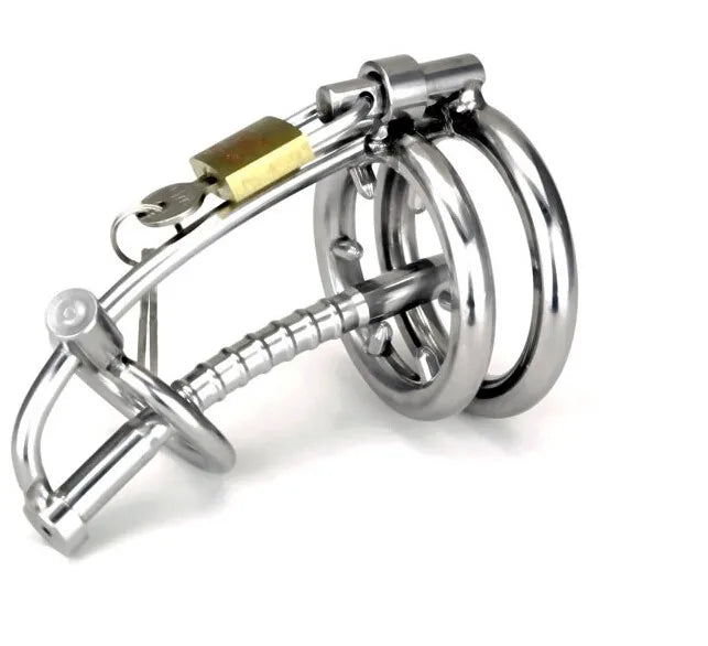 Stainless Steel Male Chastity Device with Catheter and Anti-Shedding Ring,Cock Cage,Penis Ring,Adult Game,A092