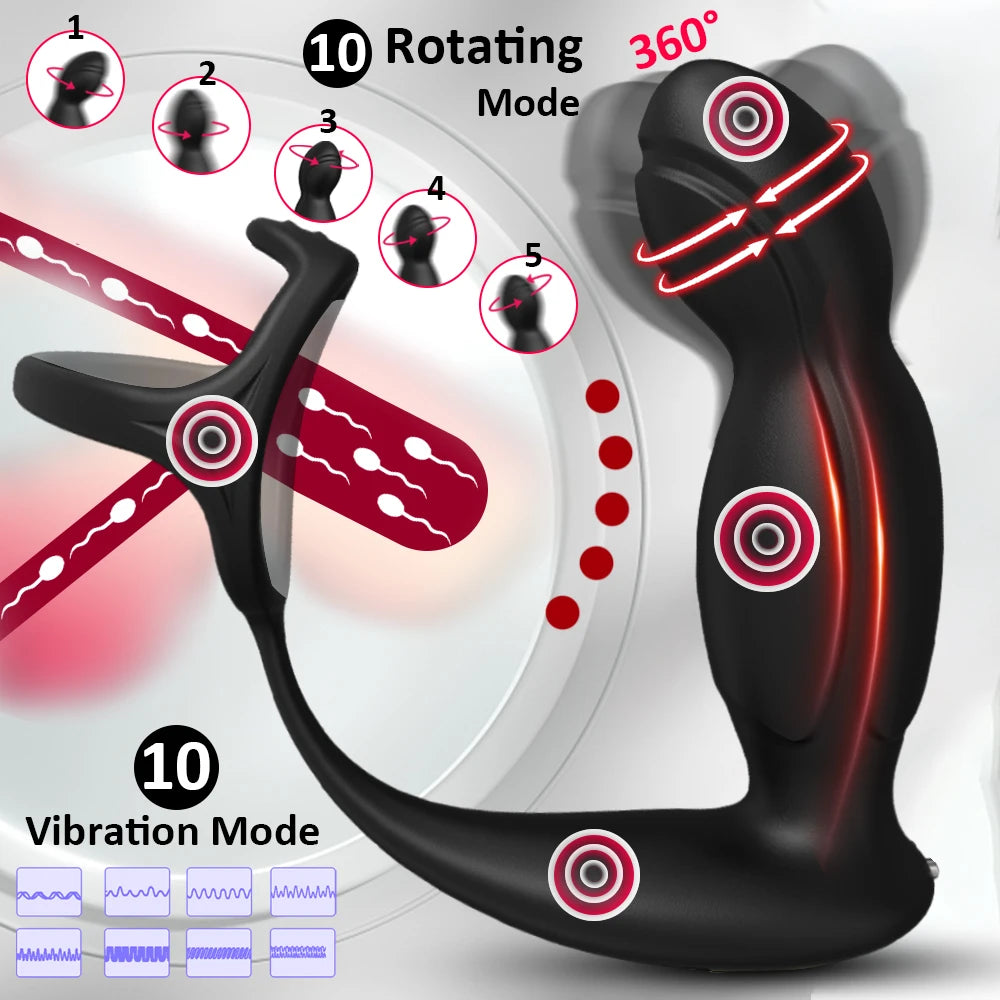 Two motors Prostate Massager Vibrator 360°Rotate Anal Plugs Penis Ring Butt Plug Vibrator Wireless Control for Men Masturbator