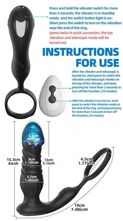 Male Thrusting Prostate Massager Wireless Anal Butt Plug Vibrator Perineum Stimulator Penis Cock Ring Masturbation for Couples