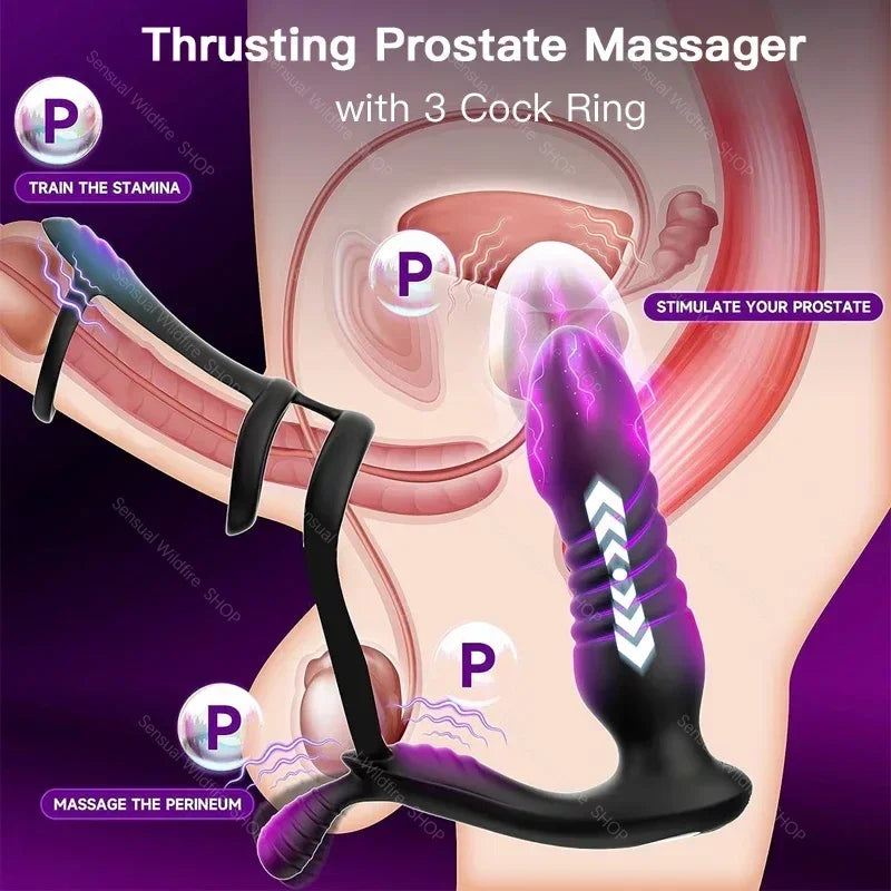 Male Thrusting Prostate Massager Wireless Anal Butt Plug Vibrator Perineum Stimulator Penis Cock Ring Masturbation for Couples