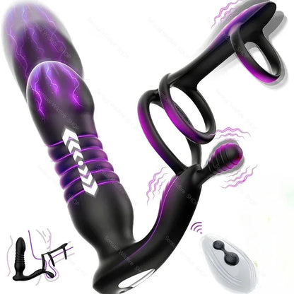 Male Thrusting Prostate Massager Wireless Anal Butt Plug Vibrator Perineum Stimulator Penis Cock Ring Masturbation for Couples