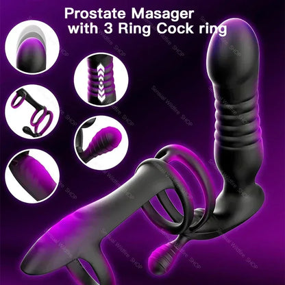 Male Thrusting Prostate Massager Wireless Anal Butt Plug Vibrator Perineum Stimulator Penis Cock Ring Masturbation for Couples