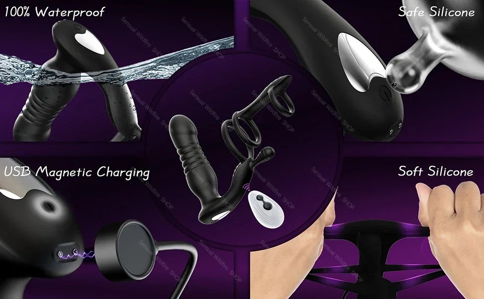 Male Thrusting Prostate Massager Wireless Anal Butt Plug Vibrator Perineum Stimulator Penis Cock Ring Masturbation for Couples