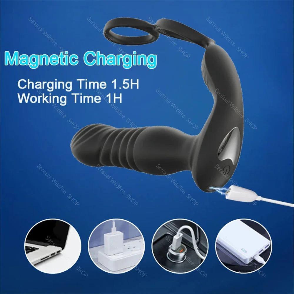 Male Thrusting Prostate Massager Wireless Anal Butt Plug Vibrator Perineum Stimulator Penis Cock Ring Masturbation for Couples