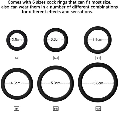 6Pcs/Set Cock Rings with 6 Different Size , Soft Silicone Penis Ring Cockring Set for Men or Couples