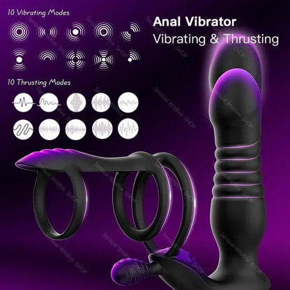 Male Thrusting Prostate Massager Wireless Anal Butt Plug Vibrator Perineum Stimulator Penis Cock Ring Masturbation for Couples