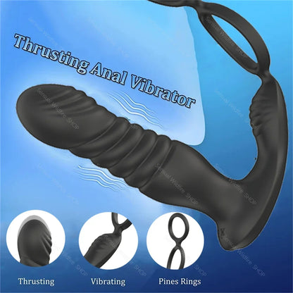 Male Thrusting Prostate Massager Wireless Anal Butt Plug Vibrator Perineum Stimulator Penis Cock Ring Masturbation for Couples