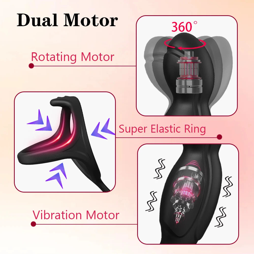 Two motors Prostate Massager Vibrator 360°Rotate Anal Plugs Penis Ring Butt Plug Vibrator Wireless Control for Men Masturbator